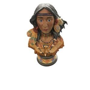 Vintage Native American Woman Bust Figurine Feather Details 8”